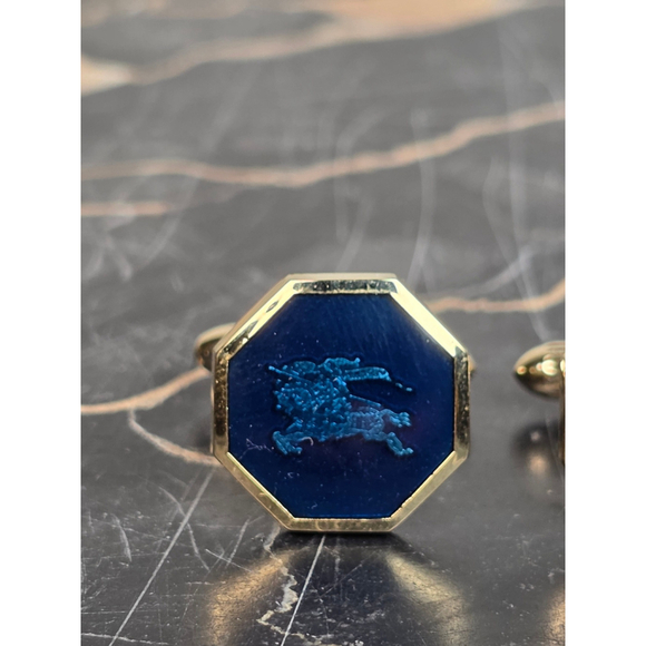 VTG Burberrys RARE Octagon Cufflinks - Blue Enamel & Gold Equestrian Knight - Picture 3 of 7